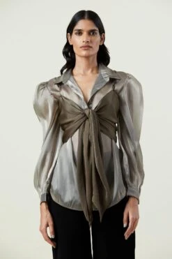 Kanika Goyal Label Solid Brown Tie-up Top