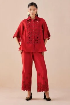 Chandrima Red Poppy Applique Pants