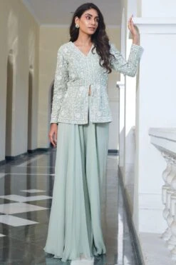 Devika Bhayana Mint Green Embroidered Peplum & Sharara Pants