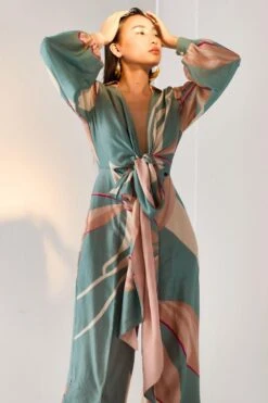 Twinkle Hanspal Iris Teal Printed Jumpsuit With Tie-up Detail -Deals Haute Togs Store 29th33 2