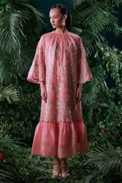 Chandrima Salmon Pink Contrast Embroidered Gathered Dress