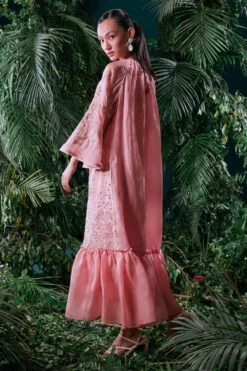 Chandrima Salmon Pink Contrast Embroidered Gathered Dress -Deals Haute Togs Store 41123cm32 4