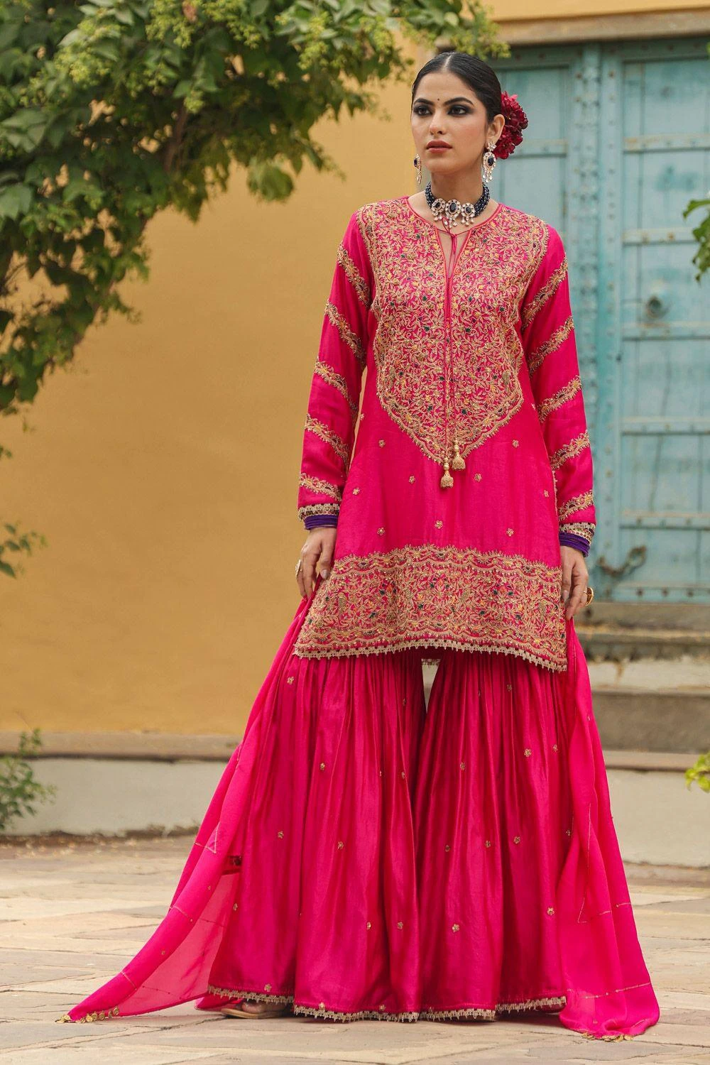 Niti Bothra Magenta Pink Bird Embroidered Sharara Set 4 Niti Bothra Magenta Pink Bird Embroidered Sharara Set - Image 2