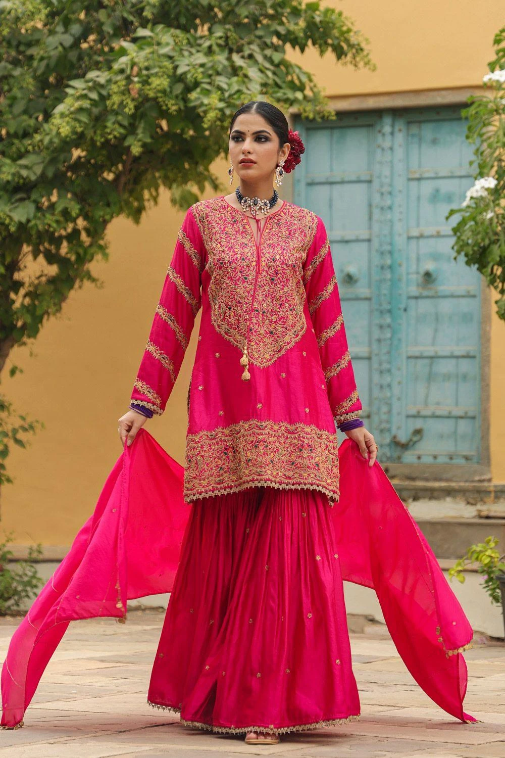 Niti Bothra Magenta Pink Bird Embroidered Sharara Set 5 Niti Bothra Magenta Pink Bird Embroidered Sharara Set - Image 3