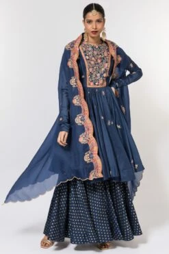 Petticoat Lane By Divya Navy Blue Embroidered Sharara Set With Cape