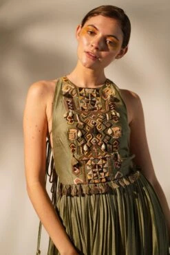 Nikita Mhaisalkar Olive Green Hand Done Maxi Dress -Deals Haute Togs Store 4423nm5 3