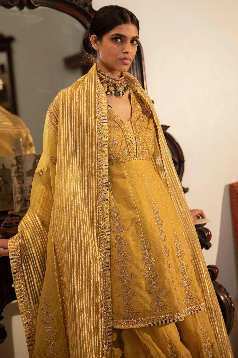 Simar Dugal Mustard Aari & Badla Embroidered Sharara Set 5 Simar Dugal Mustard Aari & Badla Embroidered Sharara Set - Image 3