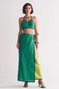Ikai Lime Green Colour Block Wrap Skirt