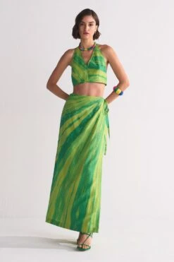 Ikai Lime Green Diagonal-dyed Wrap Skirt