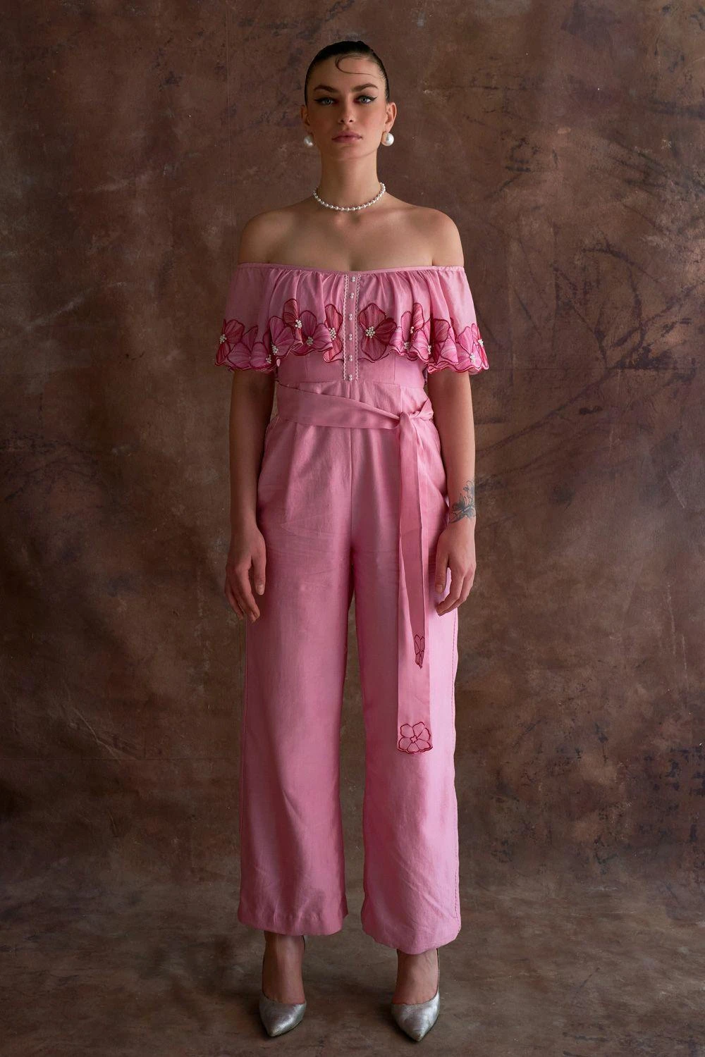 Sakshi Khetterpal Coral Chanderi Off-shoulder Jumpsuit 2 Sakshi Khetterpal Coral Chanderi Off-shoulder Jumpsuit