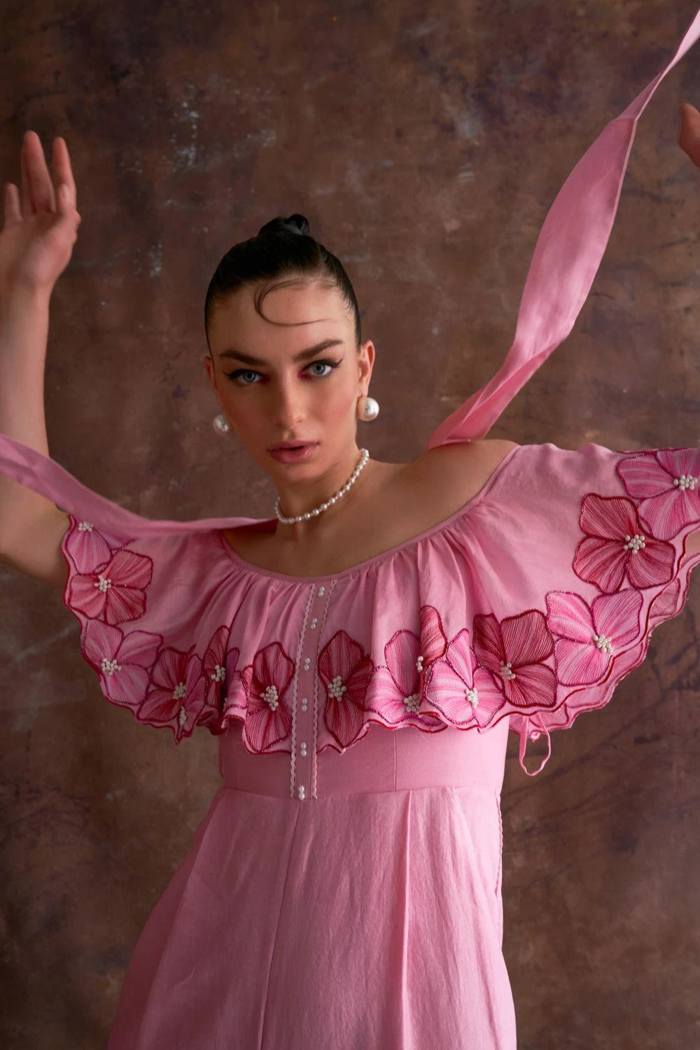 Sakshi Khetterpal Coral Chanderi Off-shoulder Jumpsuit 4 Sakshi Khetterpal Coral Chanderi Off-shoulder Jumpsuit - Image 3