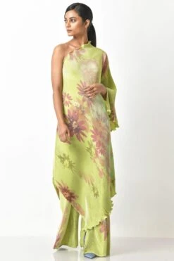Kiran Uttam Ghosh Lime Sepia Printed One Shoulder Dress