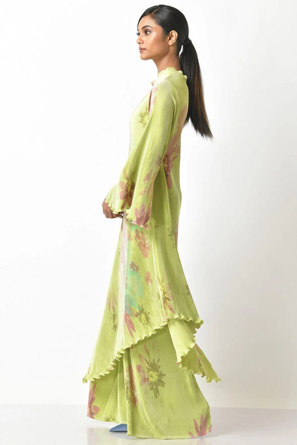 Kiran Uttam Ghosh Lime Sepia Printed One Shoulder Dress 4 Kiran Uttam Ghosh Lime Sepia Printed One Shoulder Dress - Image 2