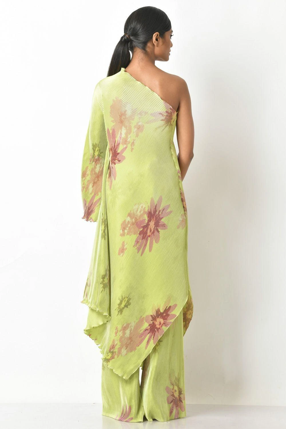 Kiran Uttam Ghosh Lime Sepia Printed One Shoulder Dress 6 Kiran Uttam Ghosh Lime Sepia Printed One Shoulder Dress - Image 4