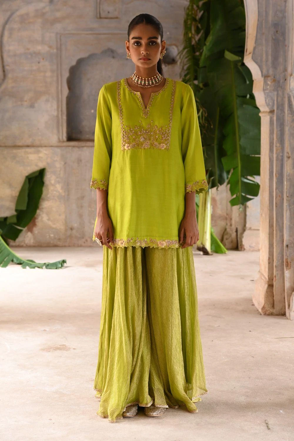 Deep Thee Lime Green Hand Embroidered Short Kurta Set 4 Deep Thee Lime Green Hand Embroidered Short Kurta Set - Image 2
