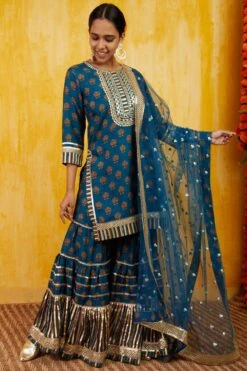 Gopi Vaid Teal Printed Gota Sharara Set