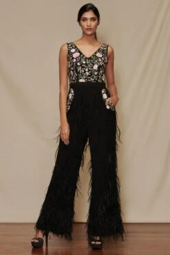 Shriya Som Floral Embroidered Feather Jumpsuit