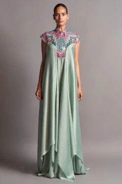 Amit Aggarwal Mint Draped Dress With A Metallic Chevron Yoke