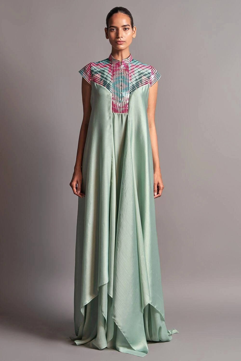 Amit Aggarwal Mint Draped Dress With A Metallic Chevron Yoke 3 Amit Aggarwal Mint Draped Dress With A Metallic Chevron Yoke
