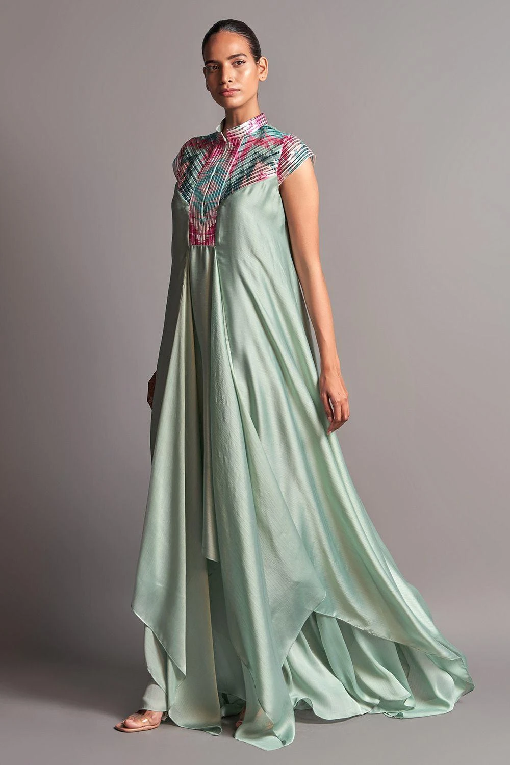 Amit Aggarwal Mint Draped Dress With A Metallic Chevron Yoke 4 Amit Aggarwal Mint Draped Dress With A Metallic Chevron Yoke - Image 2