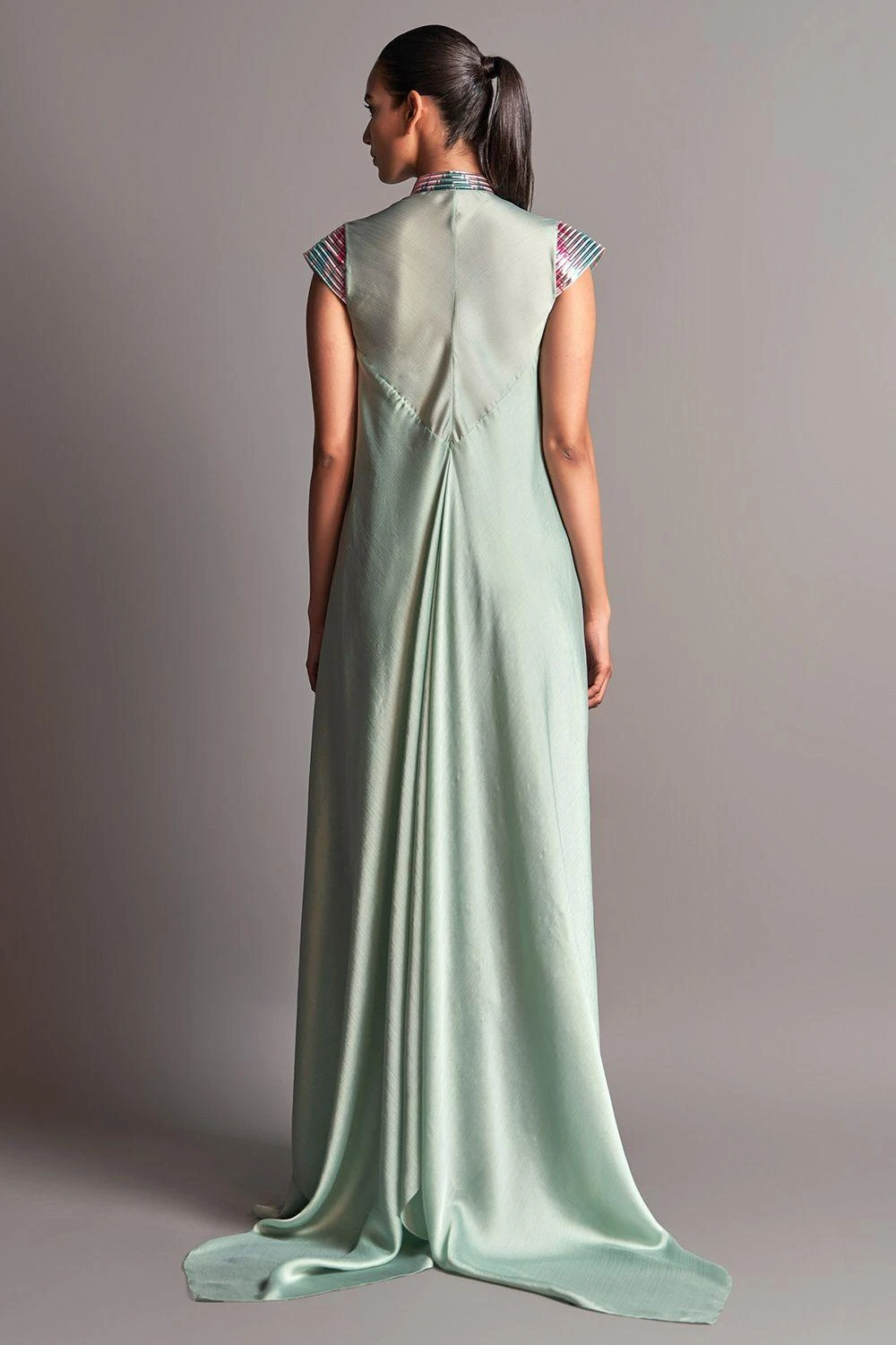 Amit Aggarwal Mint Draped Dress With A Metallic Chevron Yoke 5 Amit Aggarwal Mint Draped Dress With A Metallic Chevron Yoke - Image 3