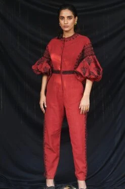 Chandrima Red Cotton Cordwork Jumpsuit