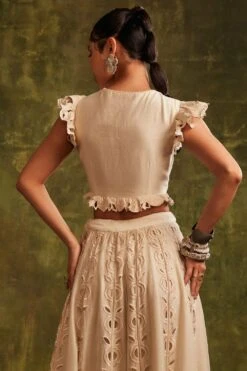 Chandrima Ivory Pleated Bouse With Cutwork Ruffles -Deals Haute Togs Store cfw21t18 3