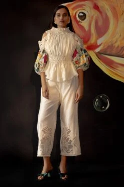 Chandrima Ivory Cold Shoulder Ruched Top