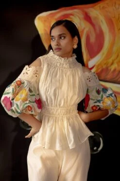 Chandrima Ivory Cold Shoulder Ruched Top -Deals Haute Togs Store ch1225 3