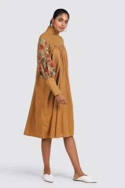 Chandrima Smocked Neck Mustard Dress -Deals Haute Togs Store css20d27 2
