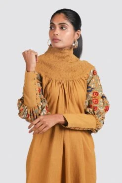 Chandrima Smocked Neck Mustard Dress -Deals Haute Togs Store css20d27 4