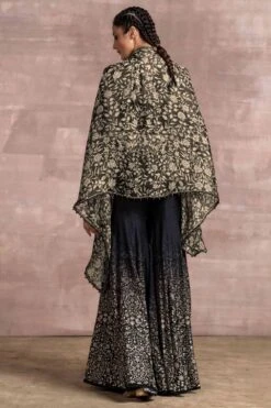 Tarun Tahiliani Black Printed Sharara Set With Satin Organza Cape -Deals Haute Togs Store fa awu shm sha 2 cp cw 03 4