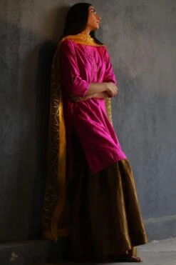 Shorshe Bright Pink Silk Kurta & Gold Tissue Sharara Set -Deals Haute Togs Store hkpnkslk set 2