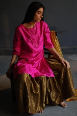 Shorshe Bright Pink Silk Kurta & Gold Tissue Sharara Set -Deals Haute Togs Store hkpnkslk set 3