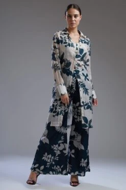 KoAi Chanderi Silk White & Teal Floral Long Shirt -Deals Haute Togs Store koss2033 2