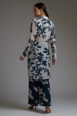 KoAi Chanderi Silk White & Teal Floral Long Shirt -Deals Haute Togs Store koss2033 4