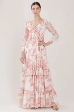 KoAi White & Pink Floral Frill Dress