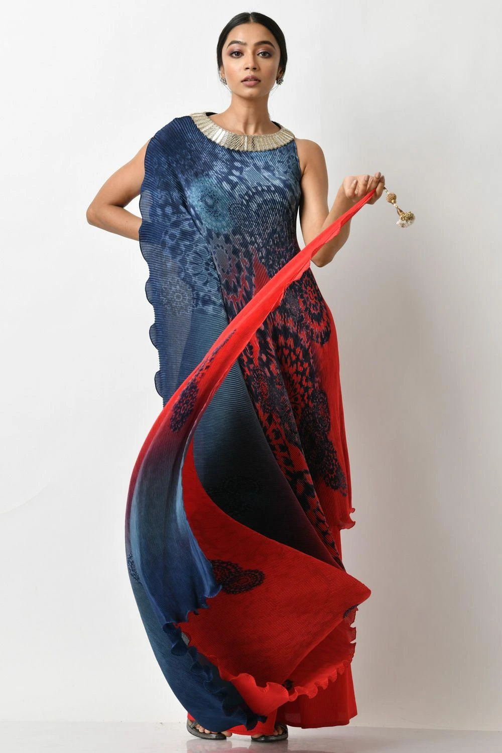 Kiran Uttam Ghosh Navy & Red Ombre Printed Drape Dress 4 Kiran Uttam Ghosh Navy & Red Ombre Printed Drape Dress - Image 2