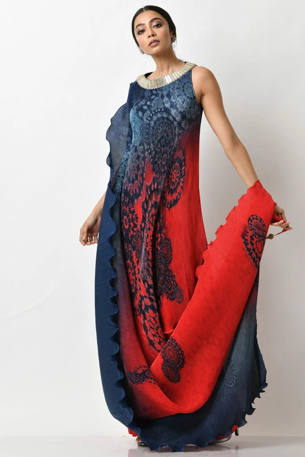 Kiran Uttam Ghosh Navy & Red Ombre Printed Drape Dress 5 Kiran Uttam Ghosh Navy & Red Ombre Printed Drape Dress - Image 3