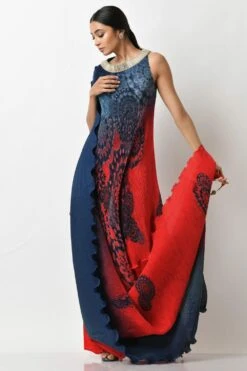 Kiran Uttam Ghosh Navy & Red Ombre Printed Drape Dress