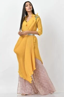Kiran Uttam Ghosh Yellow Pleated Kurta & Pink Sequinned Sharara Set