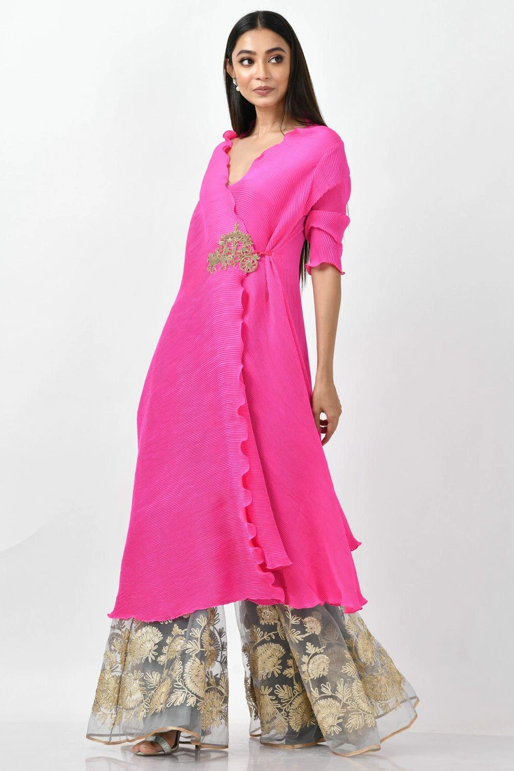 Kiran Uttam Ghosh Pink Wrap Kurta & Blue Gota Sharara Set 6 Kiran Uttam Ghosh Pink Wrap Kurta & Blue Gota Sharara Set - Image 4