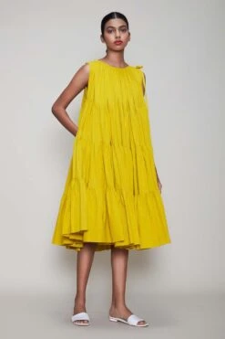 Mati Yellow Midi Dress With Voluminous Layers