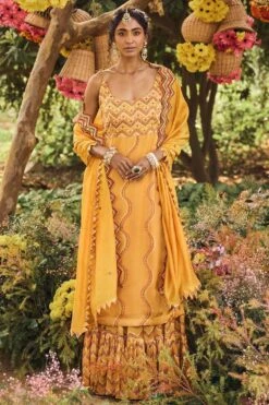 Punit Balana Mustard Strappy Kurta & Sharara Set With Dupatta