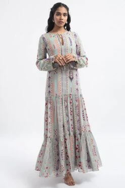 PS Pret By Payal Singhal Grey Ikat Stripe Printed Boho Dress