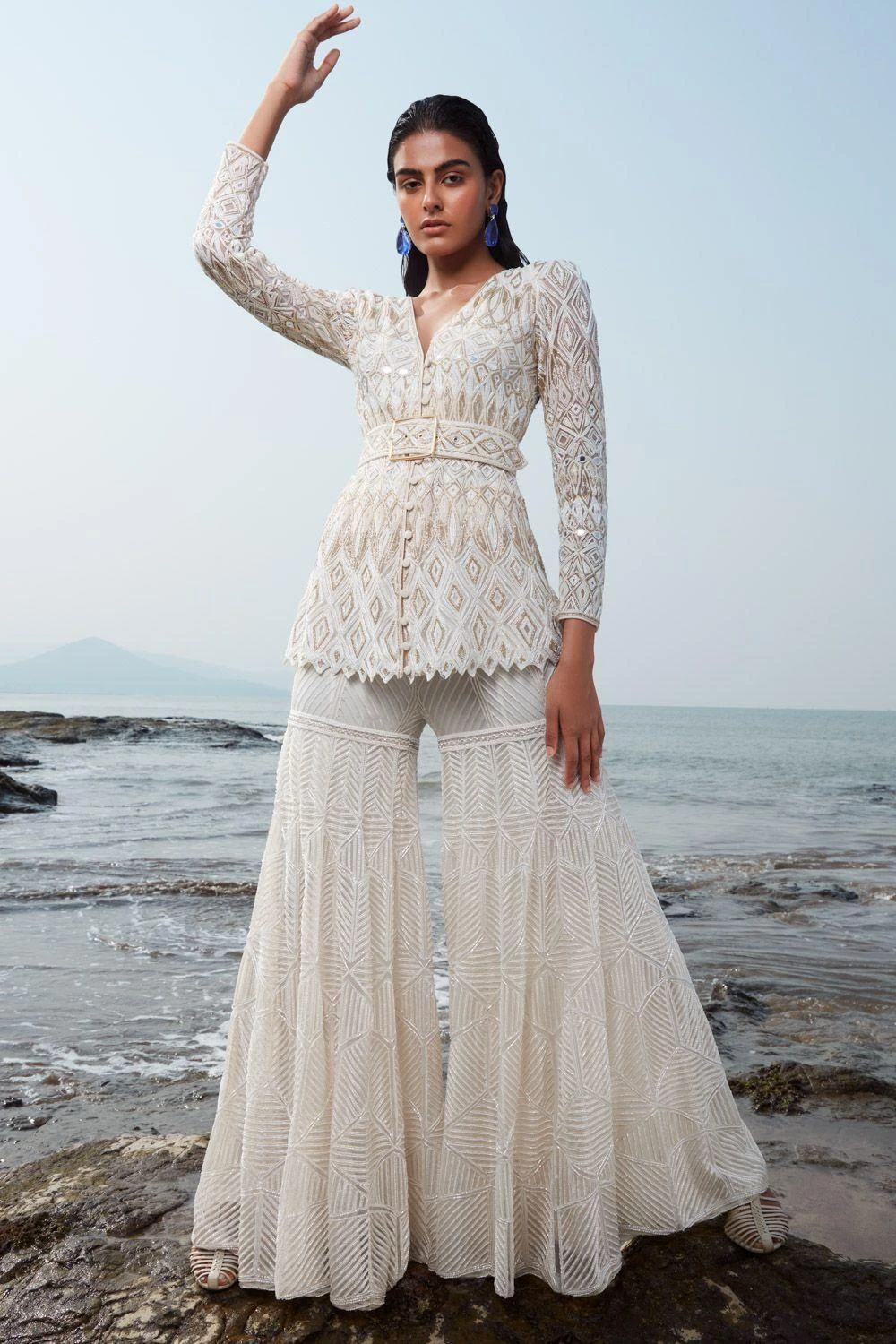 Ritika Mirchandani Ivory & Gold Hand Embroidered Sharara Set 5 Ritika Mirchandani Ivory & Gold Hand Embroidered Sharara Set - Image 3