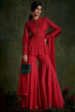 Ridhi Mehra Hibiscus Red Chanderi Jacquard Gharara Set