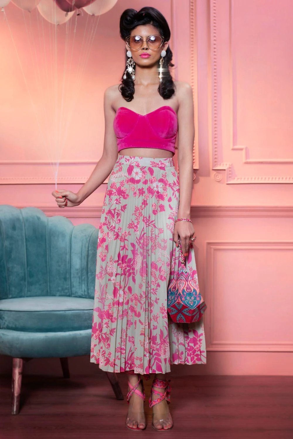 Siddhartha Bansal Pink Floral Pleated Skirt 3 Siddhartha Bansal Pink Floral Pleated Skirt