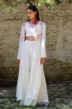Varun Bahl Pret White Embroidered Sharara Set With Overlay